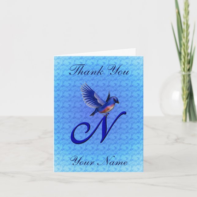 Bluebird Monogram Initial N Personalized Letterpress Thank You Card (Front)