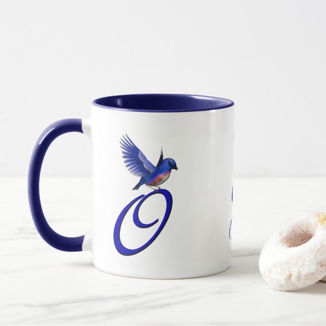 Bluebird Monogram Initial O Elegant Personalized Mug (With Donut)