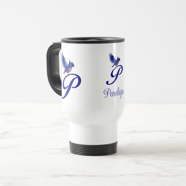 Bluebird Monogram Initial P Elegant Personalized Travel Mug (Front Left)