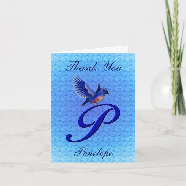 Bluebird Monogram Initial P Personalized Letterpress Thank You Card (Front)