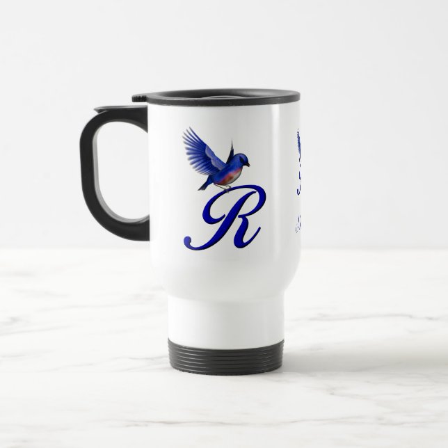 Bluebird Monogram Initial R Elegant Personalized Travel Mug (Left)