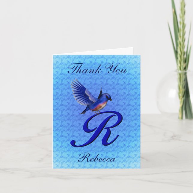 Bluebird Monogram Initial R Personalized Thank You Card (Front)