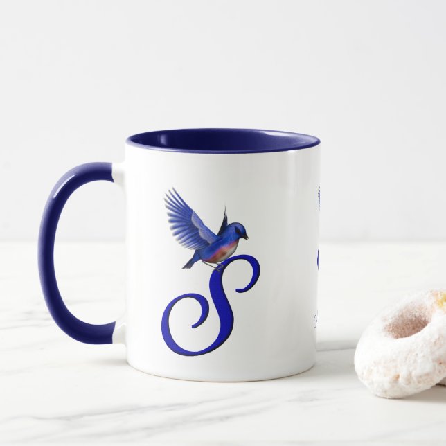 Bluebird Monogram Initial S Elegant Personalized Mug (With Donut)