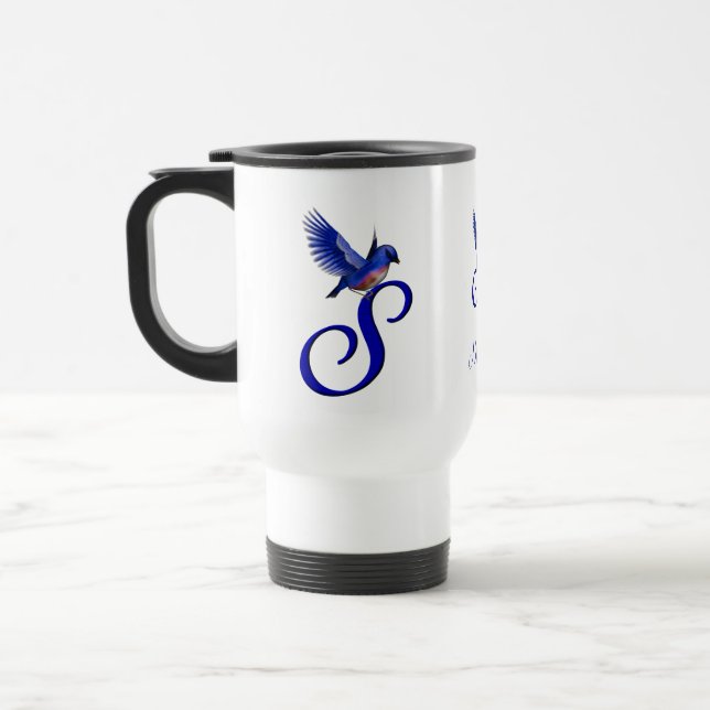 Bluebird Monogram Initial S Elegant Personalized Travel Mug (Left)