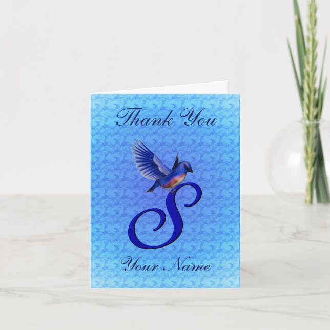 Bluebird Monogram Initial S Personalized Letterpress Thank You Card (Front)