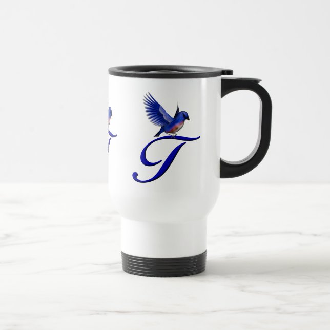 Bluebird Monogram Initial T Elegant Travel Mug (Right)