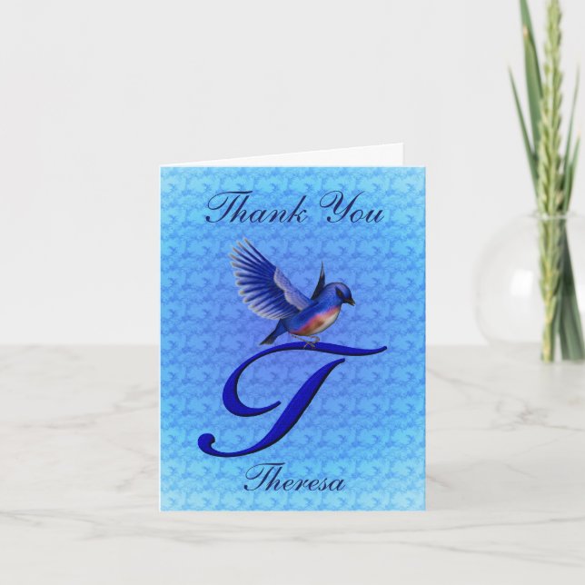 Bluebird Monogram Initial T Personalized Letterpress Thank You Card (Front)