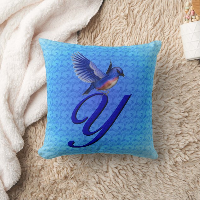 Bluebird Monogram Initial Y Throw Pillow (Blanket)