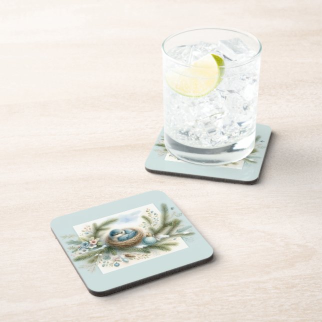Bluebird Nest with Ornaments in Winter Pines Beverage Coaster (Right Side)