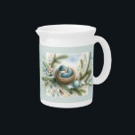 Bluebird Nest with Ornaments in Winter Pines Beverage Pitcher<br><div class="desc">A charming bluebird nestles sweetly among snowy pine branches, surrounded by delicate pastel florals and vintage-inspired holiday ornaments in soft blues and blush tones. This heartwarming winter scene captures the quiet magic of Christmas through a cottagecore lens, blending watercolor elegance with nostalgic charm. Gentle sprigs of greenery and frosty touches...</div>