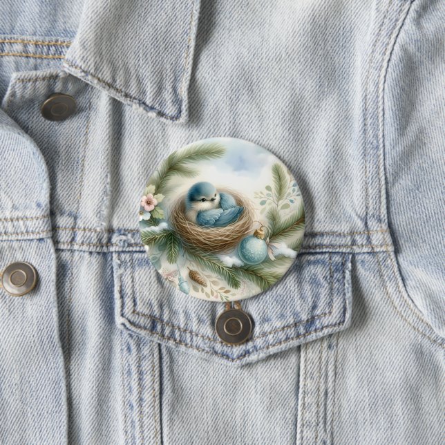 Bluebird Nest with Ornaments in Winter Pines Button (In Situ)