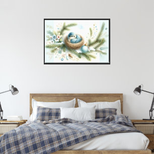 Bluebird Nest with Ornaments in Winter Pines Canvas Print