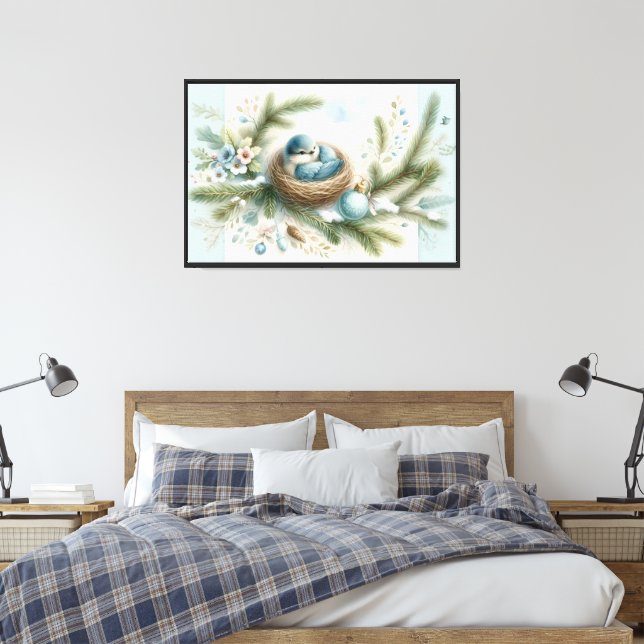 Bluebird Nest with Ornaments in Winter Pines Canvas Print (Insitu(Bedroom))