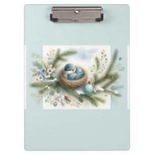 Bluebird Nest with Ornaments in Winter Pines  Clipboard