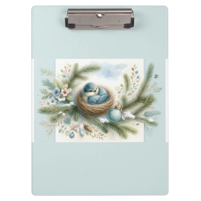 Bluebird Nest with Ornaments in Winter Pines  Clipboard (Front)