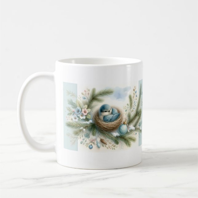 Bluebird Nest with Ornaments in Winter Pines Coffee Mug (Left)