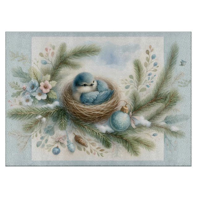 Bluebird Nest with Ornaments in Winter Pines Cutting Board (Front)