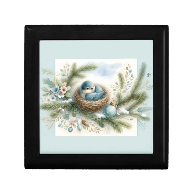 Bluebird Nest with Ornaments in Winter Pines Gift Box (Front)