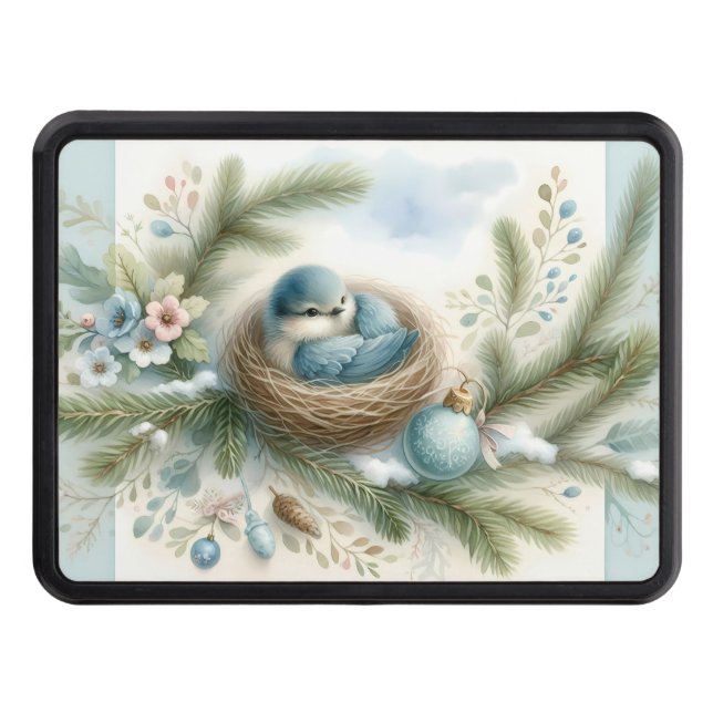 Bluebird Nest with Ornaments in Winter Pines Hitch Cover (Front)