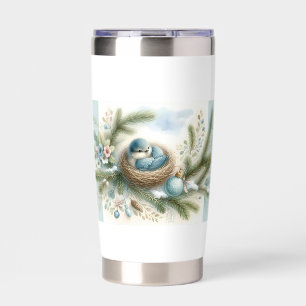 Bluebird Nest with Ornaments in Winter Pines Insulated Tumbler