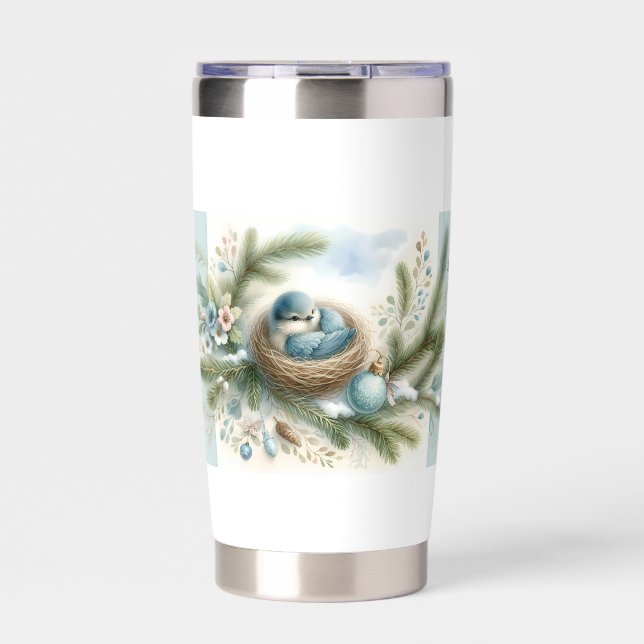 Bluebird Nest with Ornaments in Winter Pines Insulated Tumbler (Front)