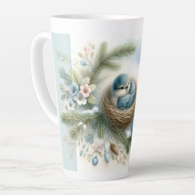 Bluebird Nest with Ornaments in Winter Pines  Latte Mug (Left Angle)