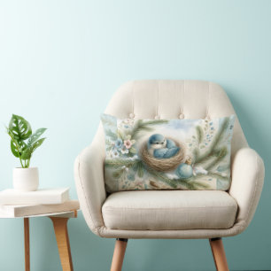 Bluebird Nest with Ornaments in Winter Pines Lumbar Pillow