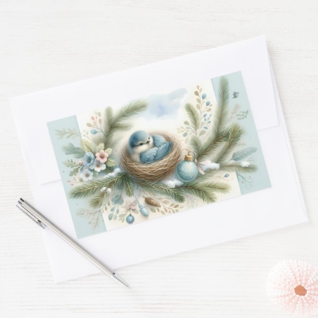 Bluebird Nest with Ornaments in Winter Pines Rectangular Sticker (Envelope)