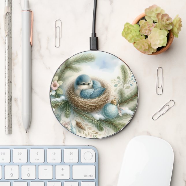 Bluebird Nest with Ornaments in Winter Pines Wireless Charger (Desk)
