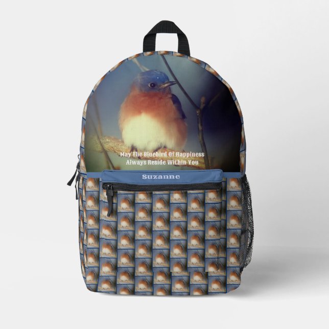 Bluebird Of Happiness Inspirational Personalized Printed Backpack (Front)