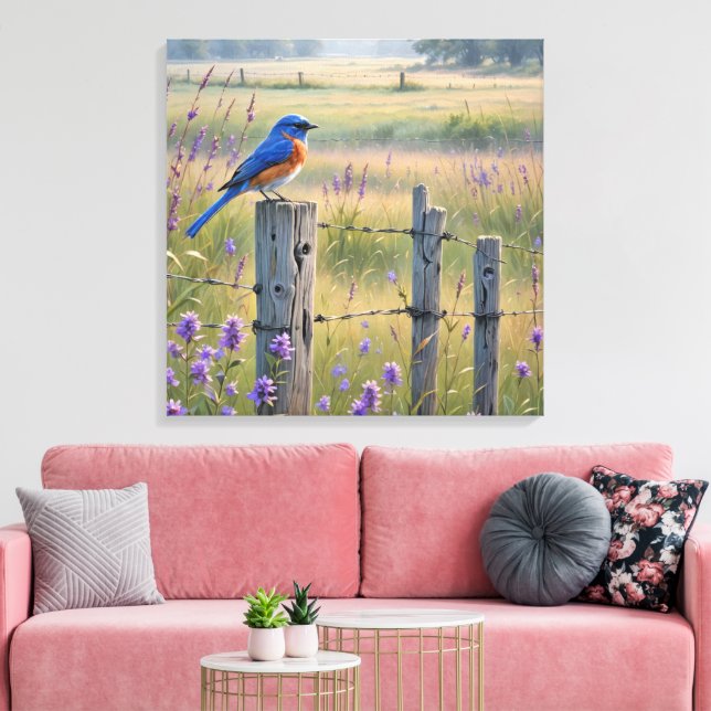 Bluebird On A Fence Post Canvas Print (Insitu(LivingRoom))