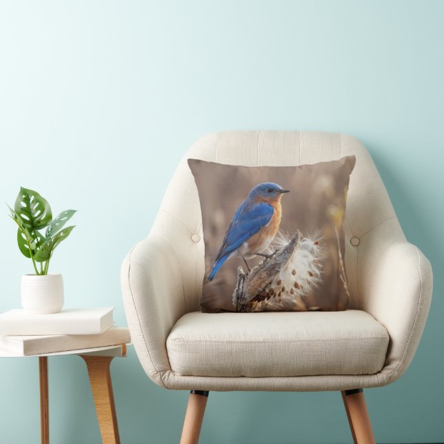 Bluebird on a Milkweed Pod Throw Pillow (Chair)