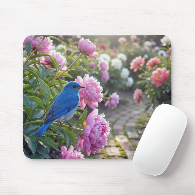 Bluebird On a Pink Peony Mouse Pad (With Mouse)