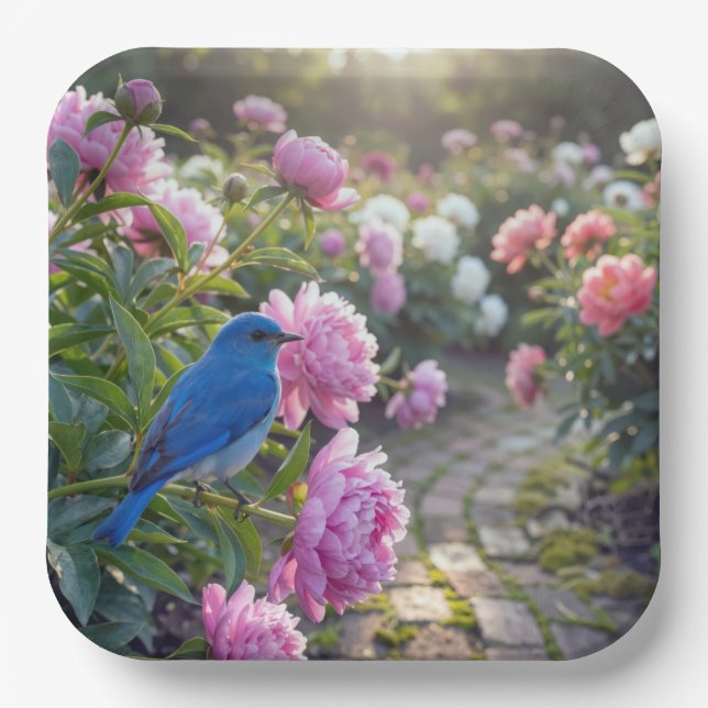 Bluebird On a Pink Peony Paper Plates (Front)