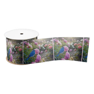 Bluebird On a Pink Peony Satin Ribbon