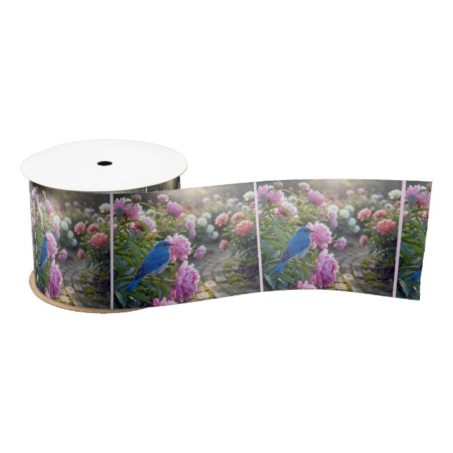Bluebird On a Pink Peony Satin Ribbon (Spool)