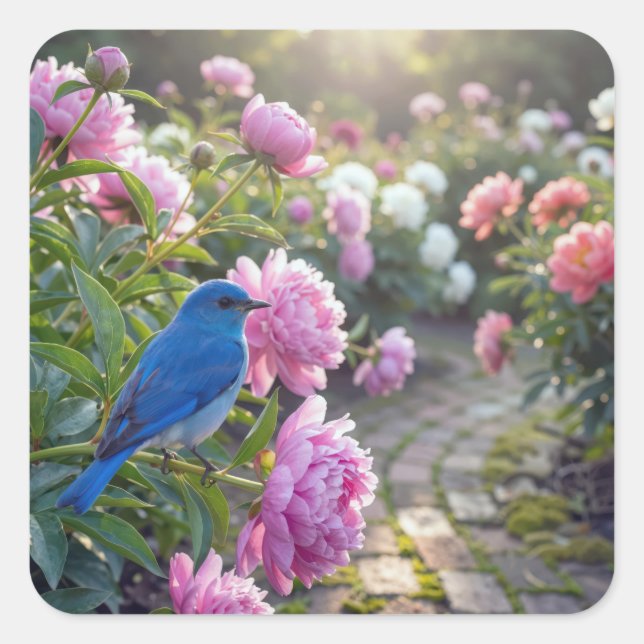 Bluebird On a Pink Peony Square Sticker (Front)