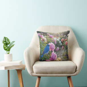 Bluebird On a Pink Peony Throw Pillow