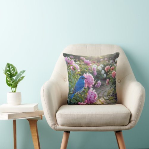 Bluebird On a Pink Peony Throw Pillow