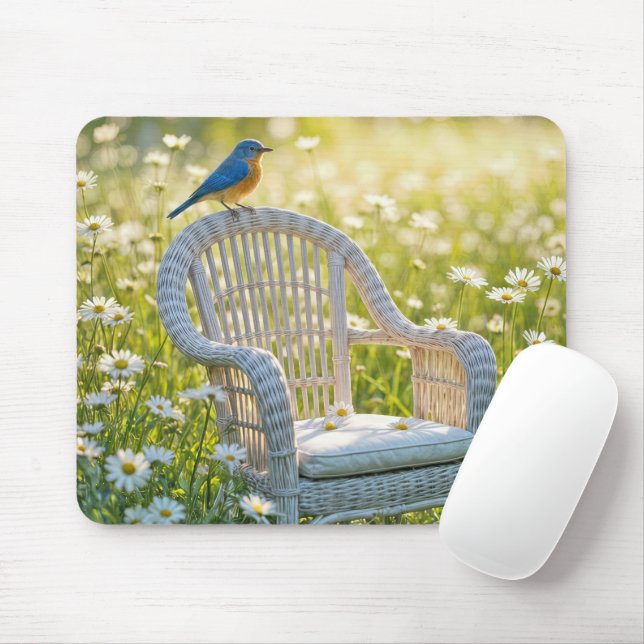 Bluebird On a Wicker Chair Mouse Pad (With Mouse)