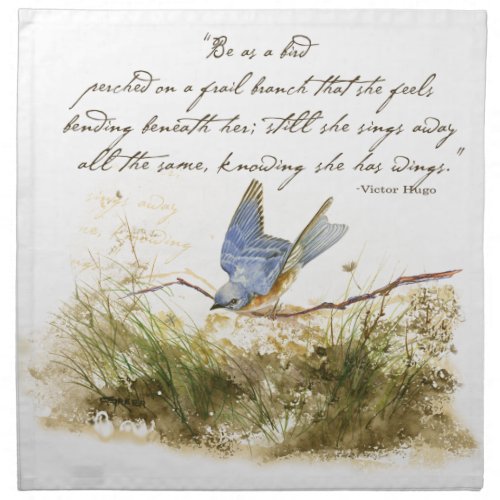 Bluebird on Branch Inspirational poem Watercolor Cloth Napkin