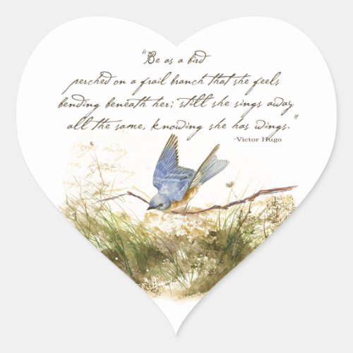 Bluebird on Branch Inspirational poem Watercolor Heart Sticker