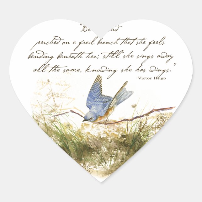 Bluebird on Branch Inspirational poem Watercolor Heart Sticker (Front)