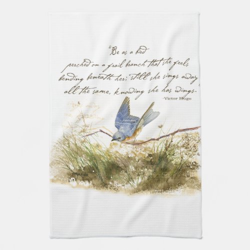 Bluebird on Branch Inspirational poem Watercolor Towel
