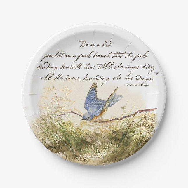 Bluebird on Branch Victor Hugo Inspirational Poem Paper Plates (Front)
