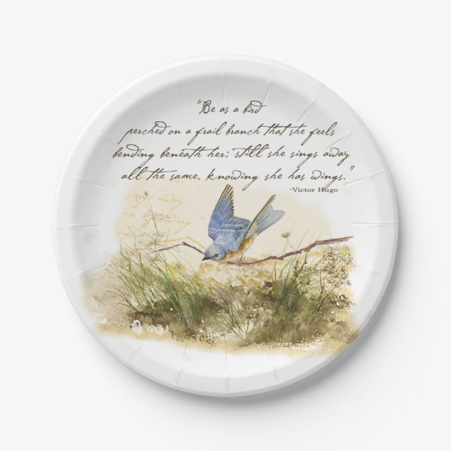 Bluebird on Branch Victor Hugo Inspirational Poem Paper Plates (Front)