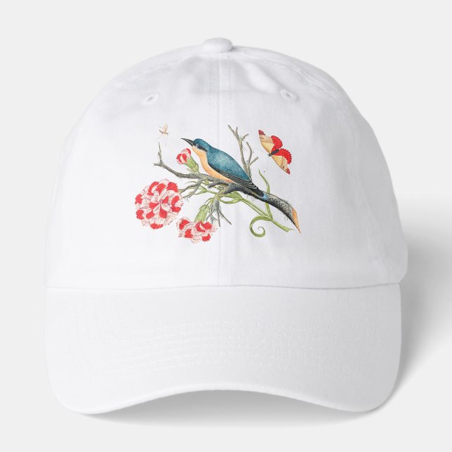 Bluebird on branch with carnations hat (Front)