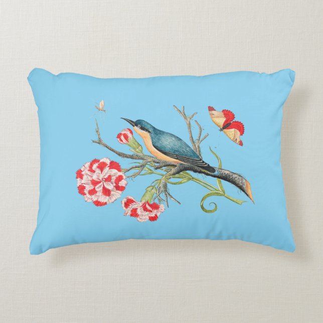 Bluebird on carnations, vintage illustration, accent pillow (Front)