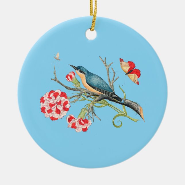 Bluebird on carnations, vintage illustration, ceramic ornament (Front)