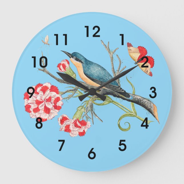 Bluebird on carnations, vintage illustration, large clock (Front)